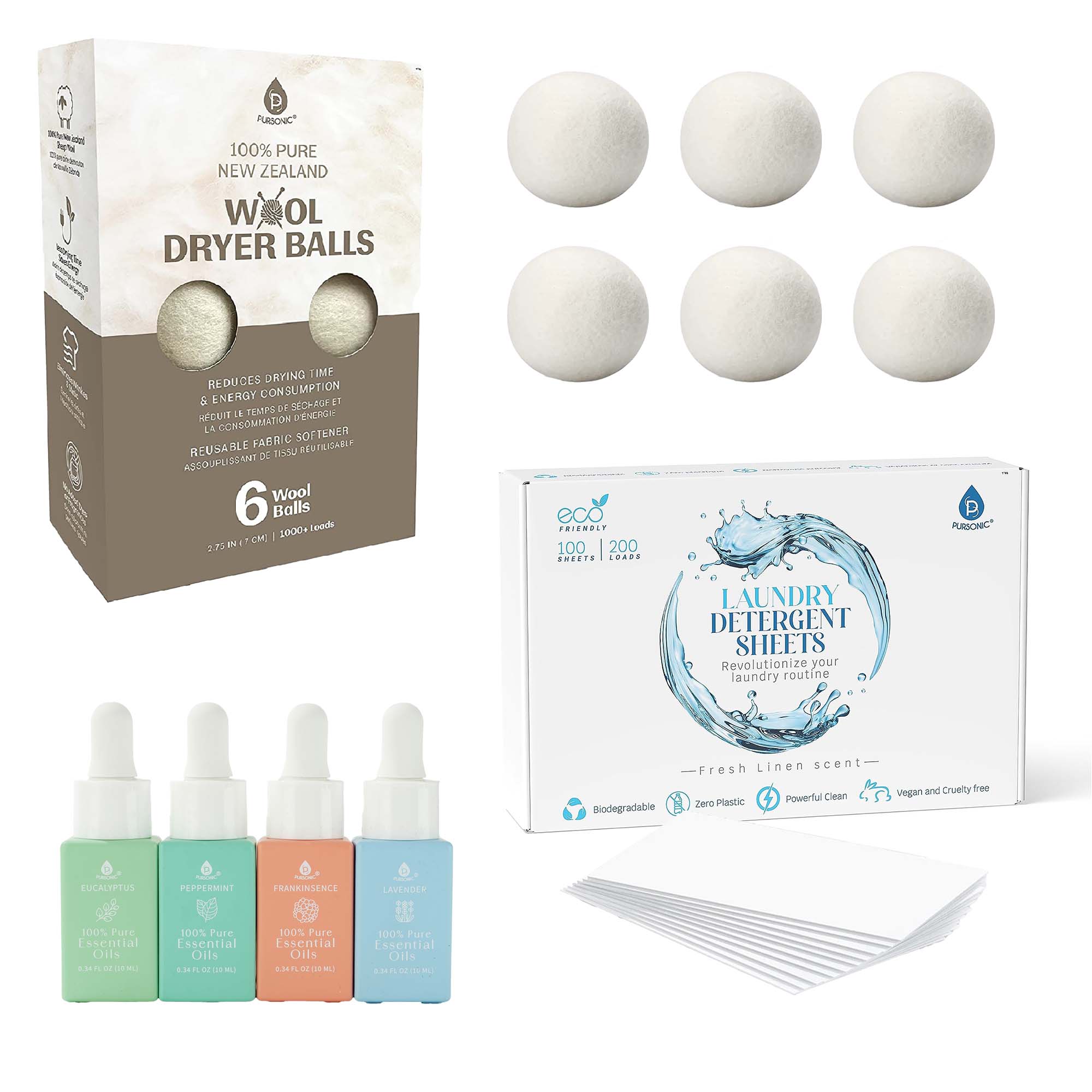 Eco-Friendly Laundry & Wellness Bundle – Detergent Sheets, Wool Dryer Balls, and Essential Oils - Mi tienda