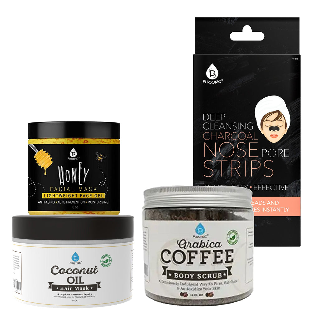 Pursonic Pamper & Glow Gift Bundle (6 pack Deep Cleansing Charcoal Nose Pore Strip, 100% Natural Arabica Coffee Body Scrub 14 Oz, 100% Natural Coconut Oil Hair Mask 10 Oz and Honey Facial Mask 8 Oz) - Mi tienda