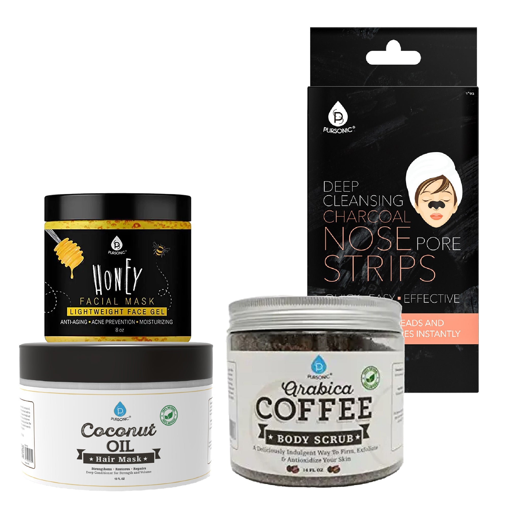 Pursonic Pamper & Glow Gift Bundle (6 pack Deep Cleansing Charcoal Nose Pore Strip, 100% Natural Arabica Coffee Body Scrub 14 Oz, 100% Natural Coconut Oil Hair Mask 10 Oz and Honey Facial Mask 8 Oz) - Mi tienda