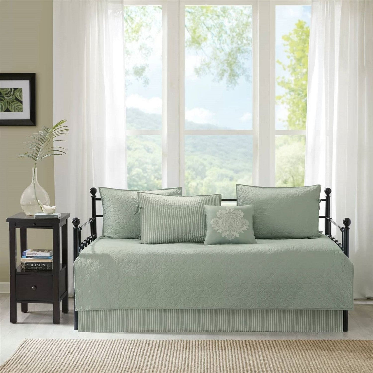 6-Piece Country Cottage Quilted Seafoam Green Reversible Daybed Cover Set-0