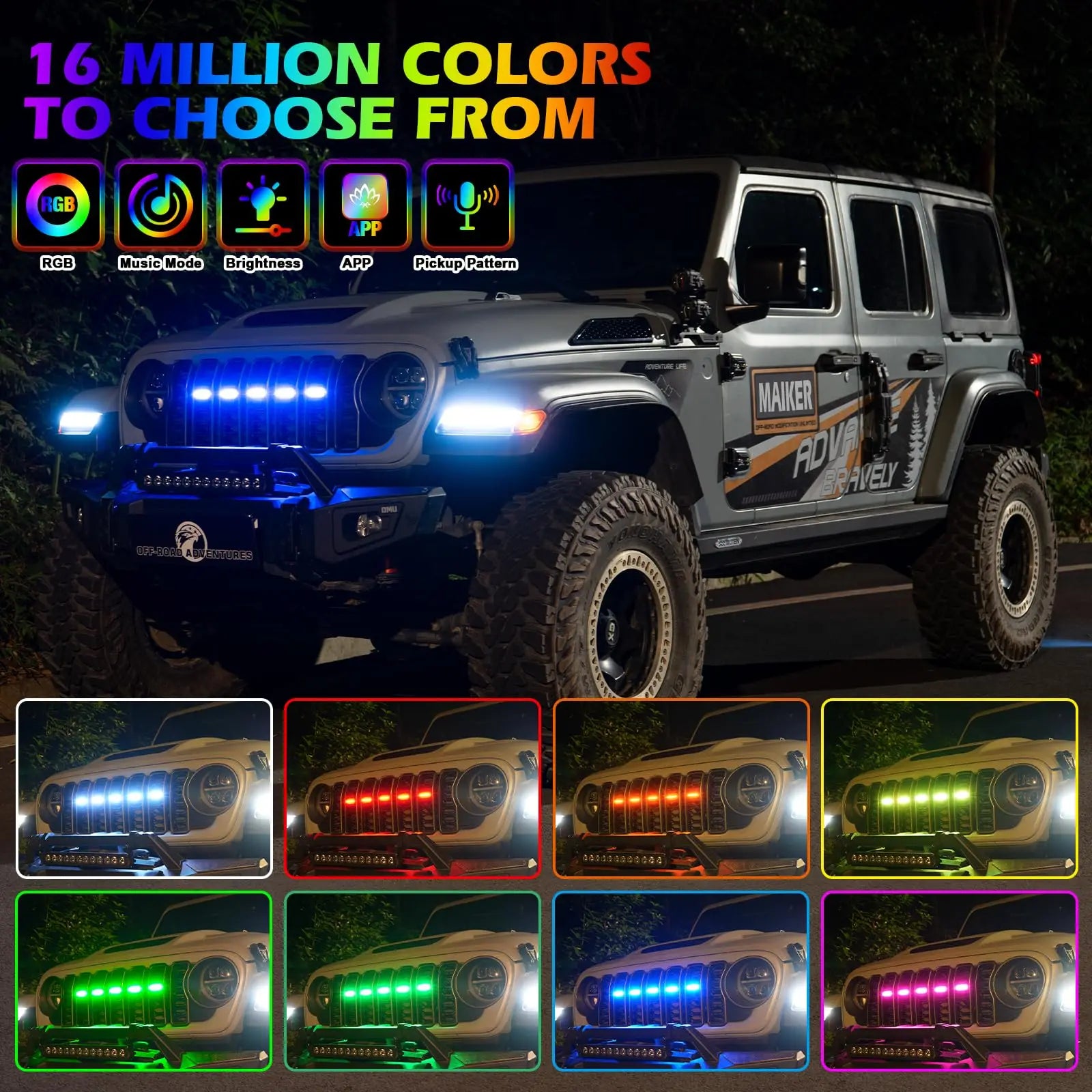 RGB LED Front Grille Lights for Jeep Wrangler JL / JLU / Gladiator JT (2024–2025) | MAIKER-2