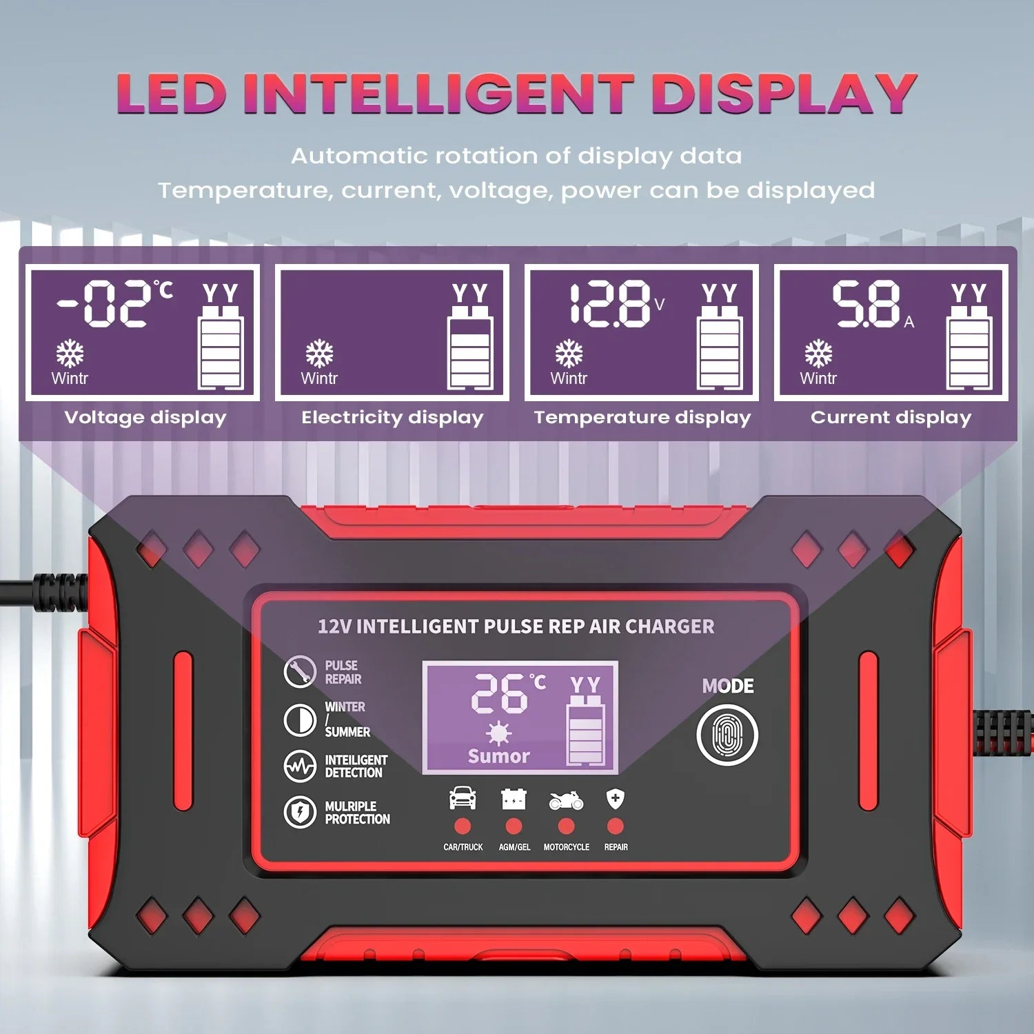 6A 12V Smart Car Battery Charger Lead-Acid Battery Red - Mi tienda