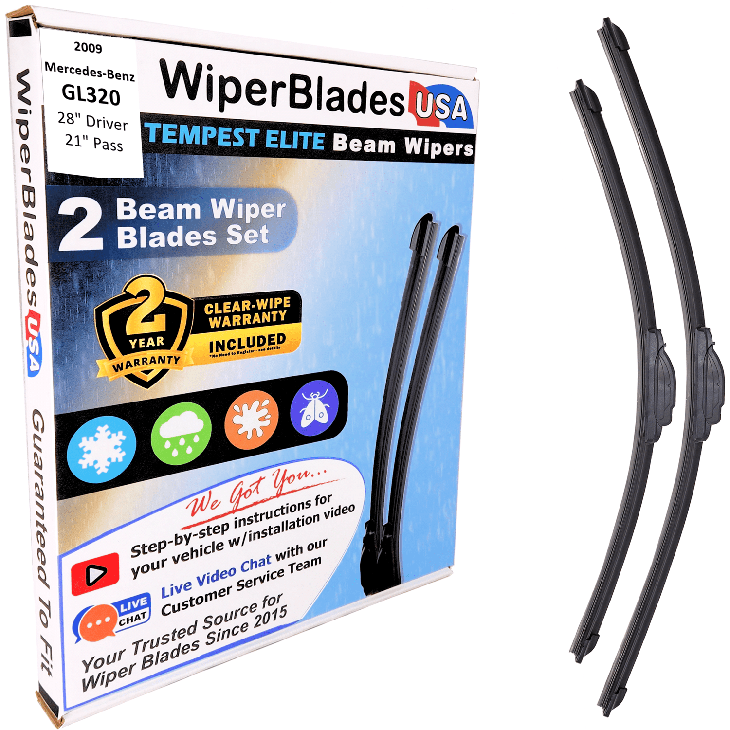 2009 Mercedes-Benz GL320 Wiper Blades w/2yr Wear Warranty (Set of 2) Beam Wipers - Mi tienda