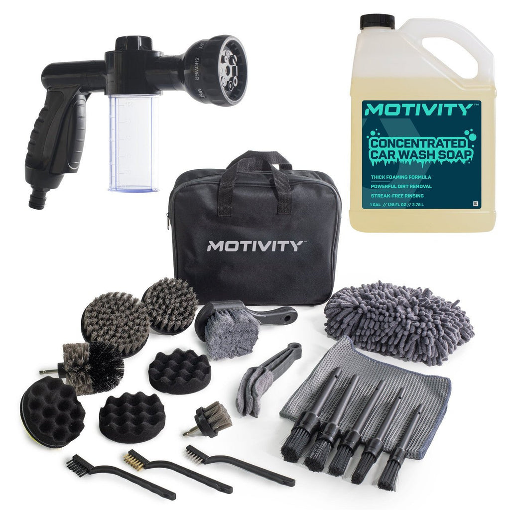 MOTIVITY Essential Foam Wash and Detail Kit – Includes Car Wash Soap, Spray Nozzle, and 21-Piece Brush Set - Mi tienda