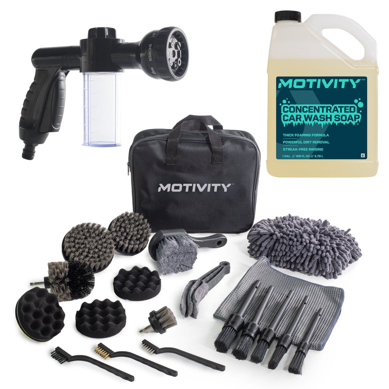 MOTIVITY Essential Foam Wash and Detail Kit – Includes Car Wash Soap, Spray Nozzle, and 21-Piece Brush Set - Mi tienda