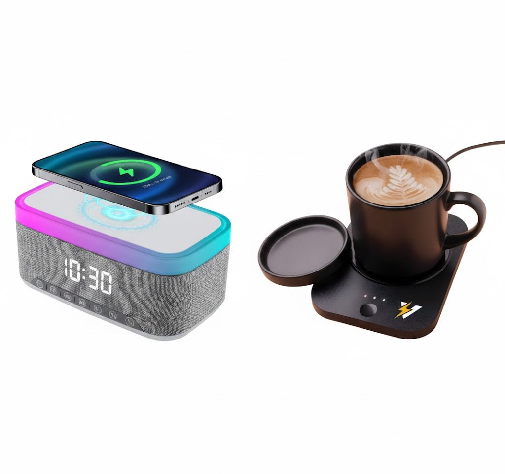 Desk-to-Bedside Power & Comfort Bundle – Sip & Charge 2-in-1 Mug Warmer + 5-in-1 Wireless Charging Alarm Clock Speaker - Mi tienda
